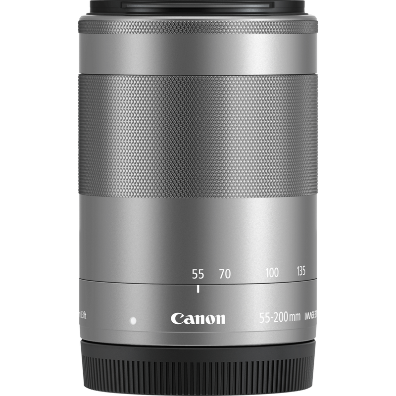 Canon EOS M6 Silver + EF-M 15-45mm IS STM Lens + EF-M 55-200mm IS STM Lens Graphite Product EF-M 55-200mm IS STM Lens Front View with the Dust Cap