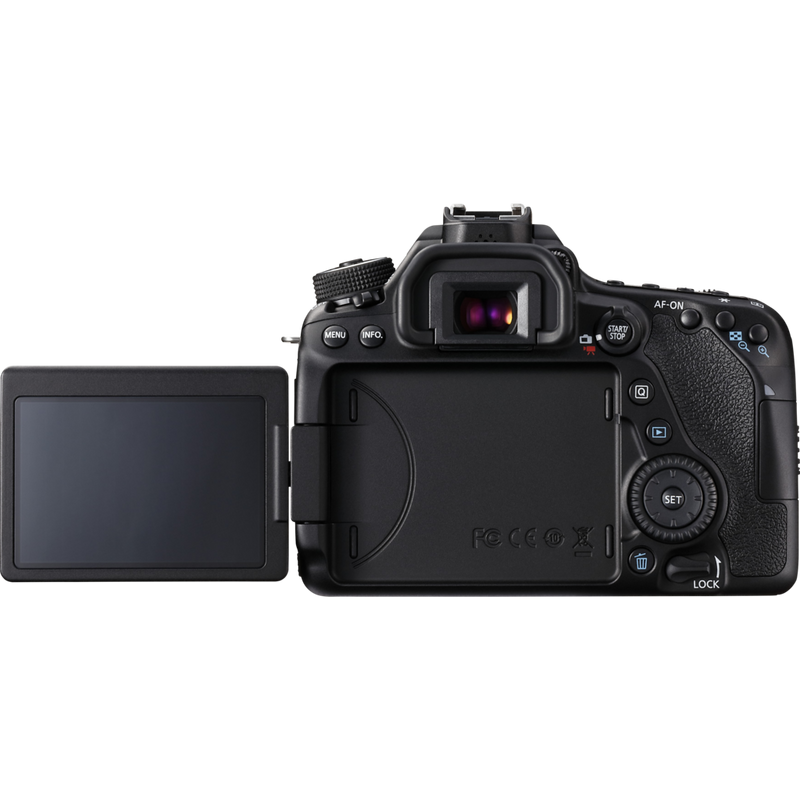 Canon EOS 80D + objectif 18-135mm IS USM Produits Vue arrière avec écran ouvert