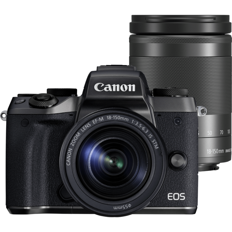 Canon EOS M5 + EF-M 18-150mm f/3.5-6.3 IS STM Produits Vue avant et objectif aussi présentés seuls