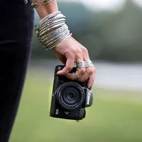 Canon EOS M5 + EF-M 18-150mm f/3.5-6.3 IS STM Lens Accessorised Hand Holding the Camera
