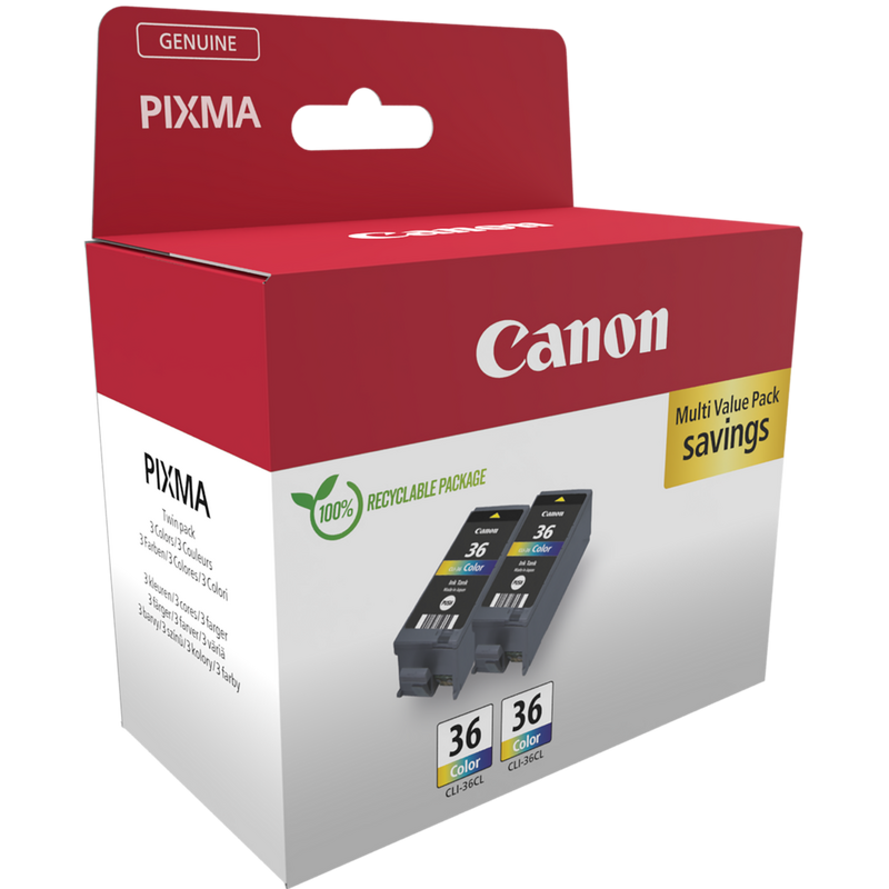 Canon CLI-36 C/M/Y Colour Ink Cartridge (Twin Pack) Product Package front angled view