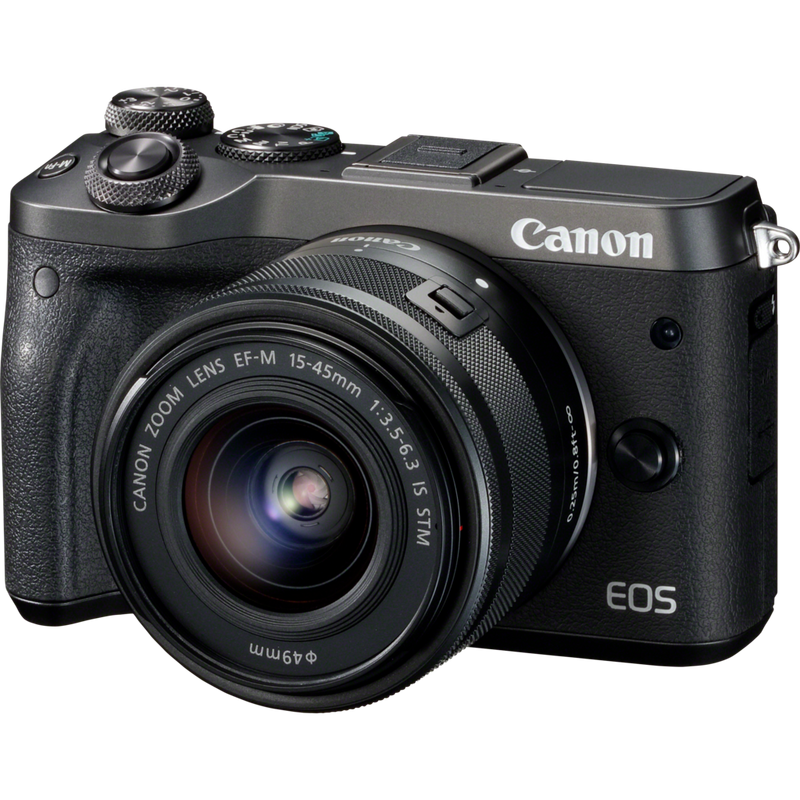 Canon EOS M6 + objetiva EF-M 15-45mm IS STM preta Produto Vista diagonal