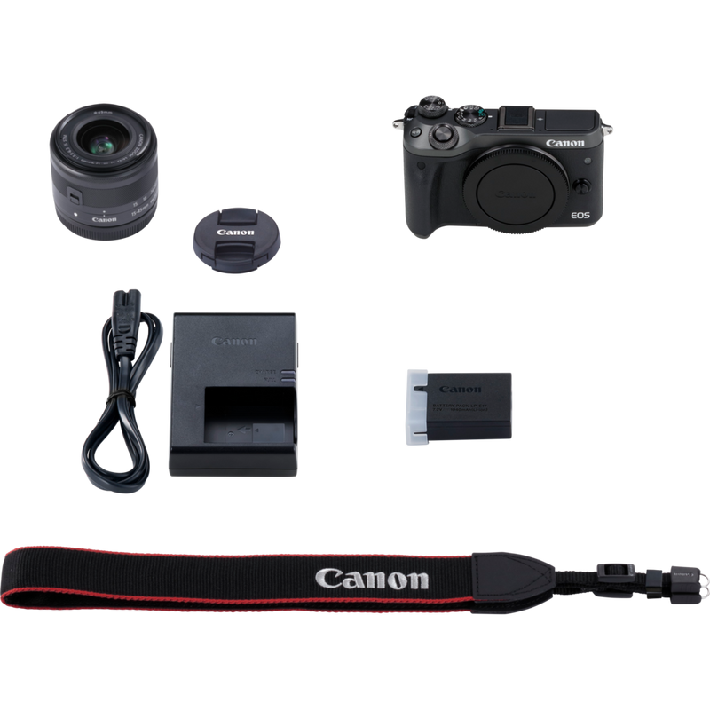 Canon EOS M6 + objetiva EF-M 15-45mm IS STM preta Produto Conteúdo da caixa