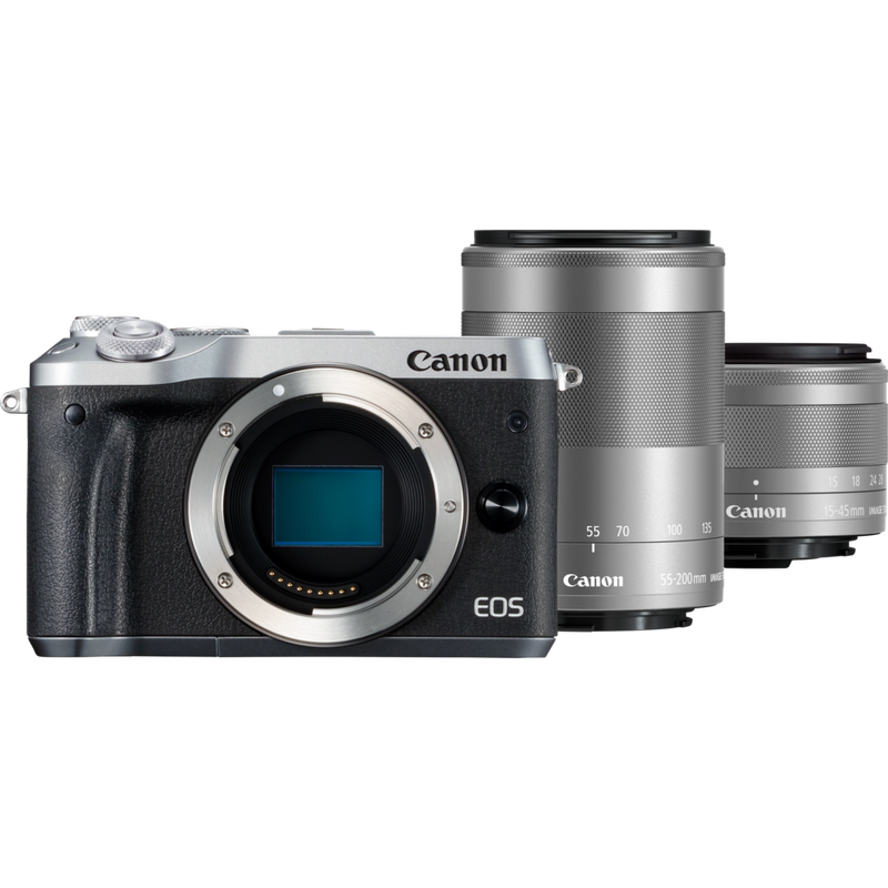 Canon EOS M6 Silver + EF-M 15-45mm IS STM Lens + EF-M 55-200mm IS STM Lens Graphite Product Front View of the Camera and Two Lenses