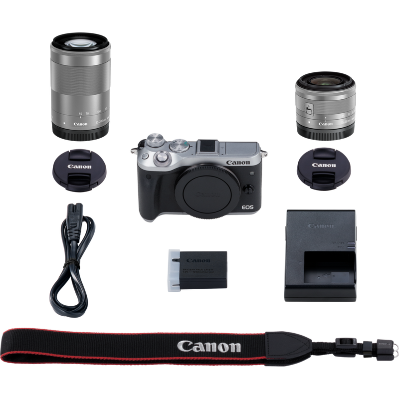 Canon EOS M6 Silver + EF-M 15-45mm IS STM Lens + EF-M 55-200mm IS STM Lens Graphite Product What's in the Box