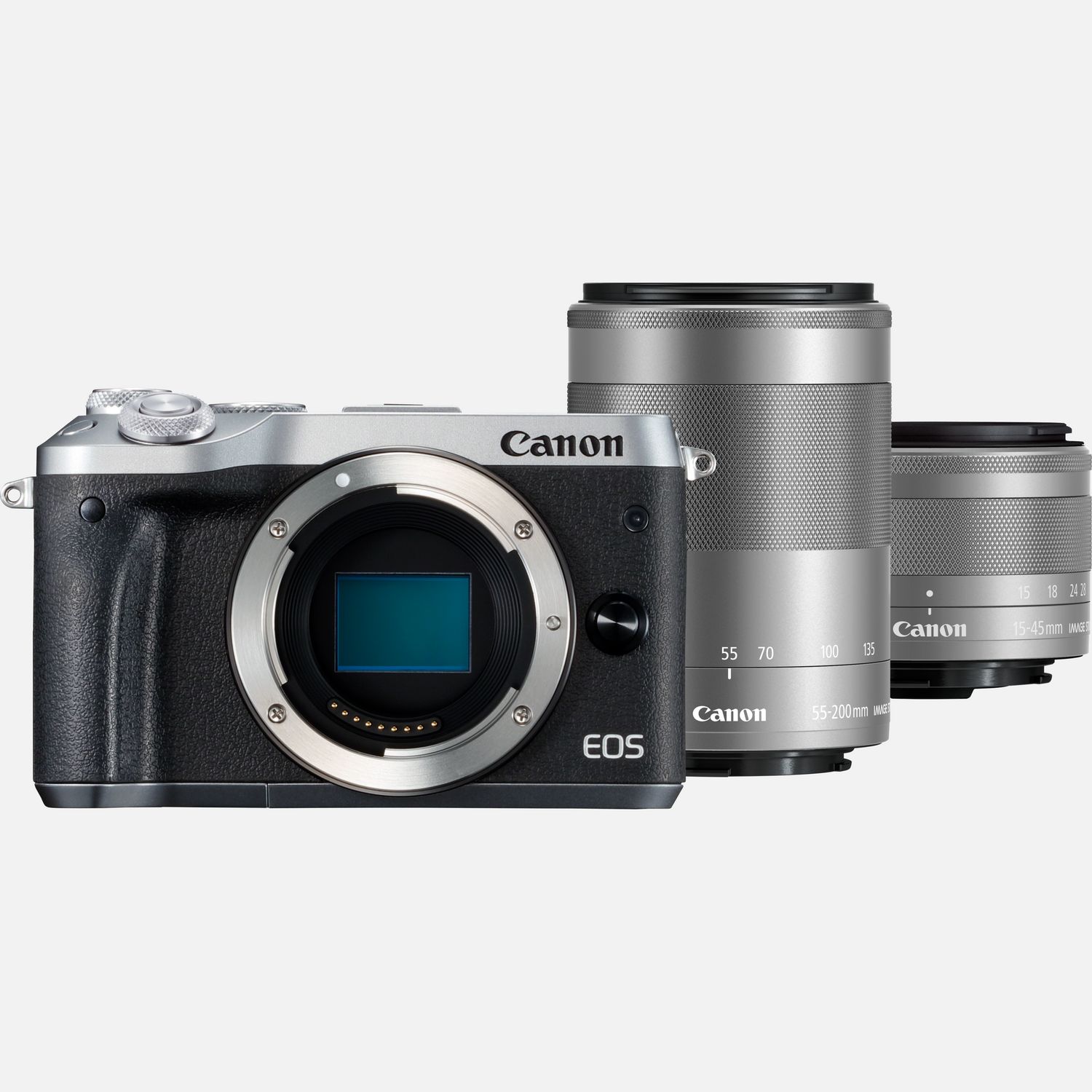 Appareil photo hybride - Canon EOS M6 argent + objectif EF-M 15-45mm IS STM + objectif EF-M 55-200mm IS STM graphite