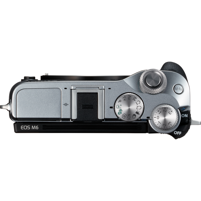 Canon EOS M6 Silver + EF-M 15-45mm IS STM Lens + EF-M 55-200mm IS STM Lens Graphite Product Top View