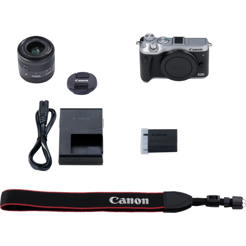 Canon EOS M6 + objectif EF-M 15-45mm IS STM argent Produits Contenu de la boîte