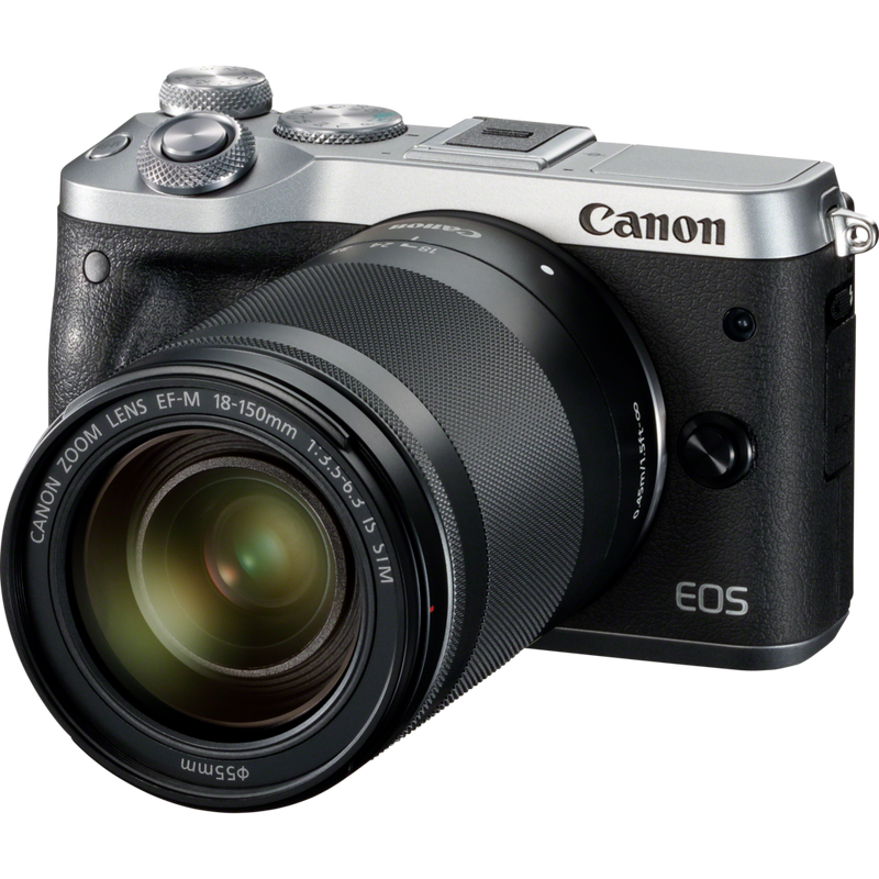 Canon EOS M6 Silver + EF-M 18-150mm IS STM Lens Black Product Diagonal View