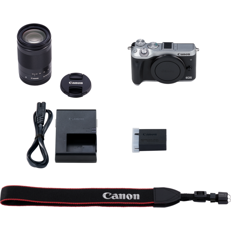 Canon EOS M6 Silver + EF-M 18-150mm IS STM Lens Black Product What's in the Box