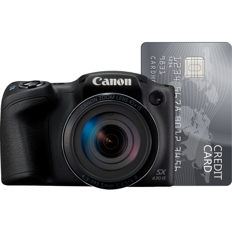 Canon PowerShot SX430 IS Produkt Vorderansicht neben einer Kreditkarte