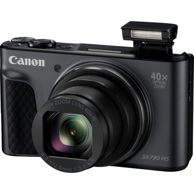 Canon PowerShot SX730 HS Noir Produits Vue avant avec flash ouvert