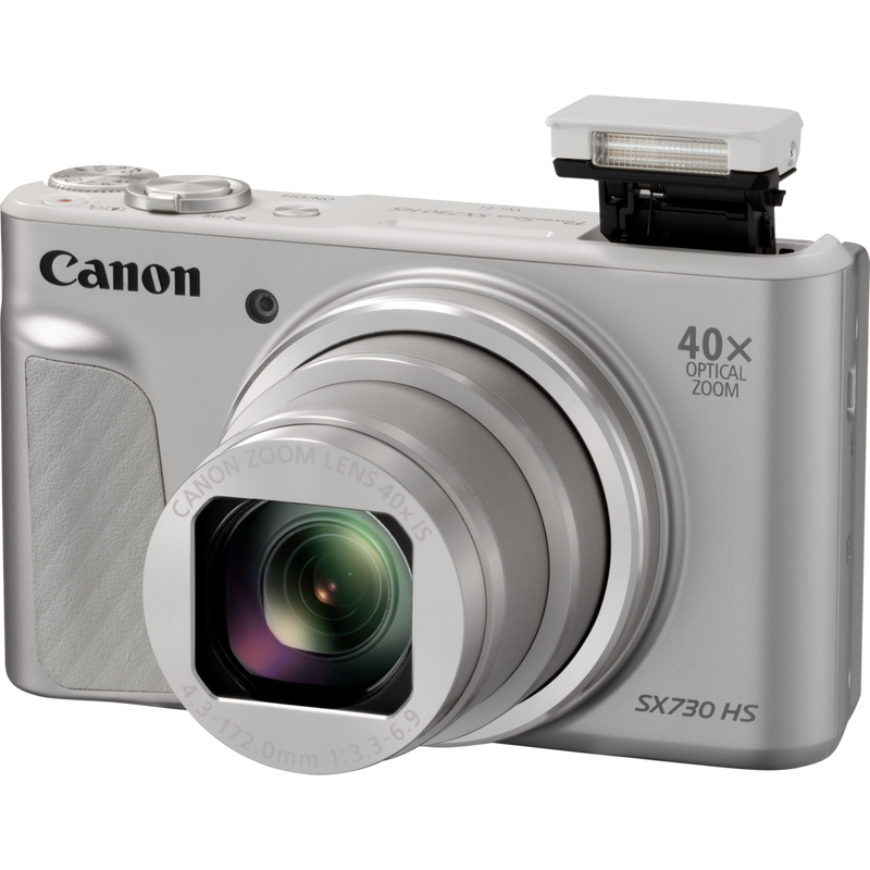 Canon PowerShot SX730 HS silver Produkt Vy framifrån med öppen blixt