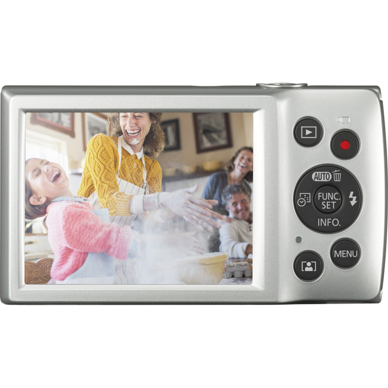 Canon IXUS 185 – sølvfarget Produkt sett bakfra med bilde på skjermen