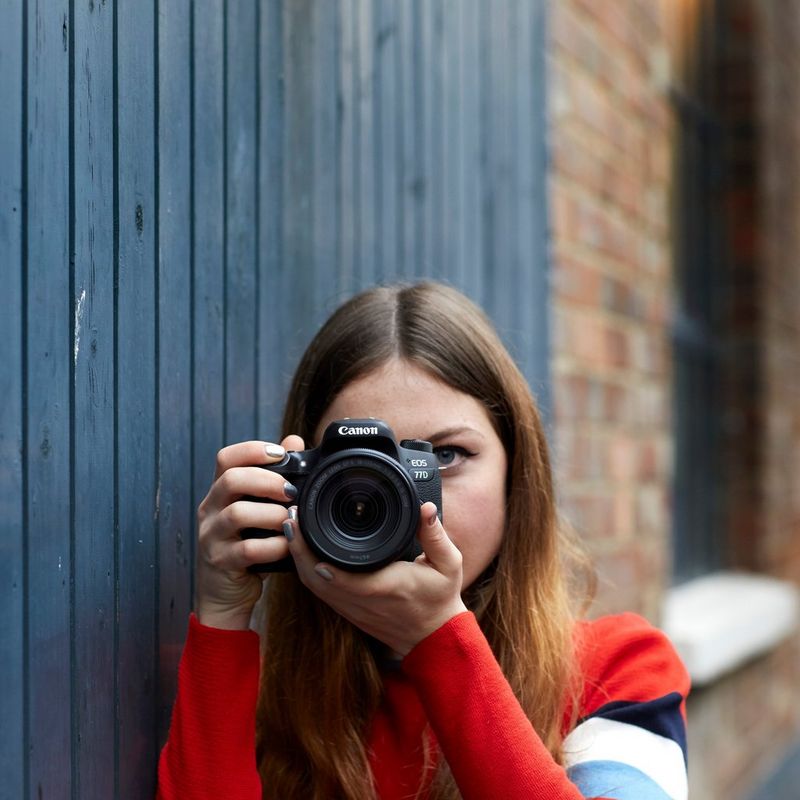 Canon EOS 77D + EF 18-55mm IS STM Lens + Backpack + Spare Battery Lady Holding Camera And Taking Pictures