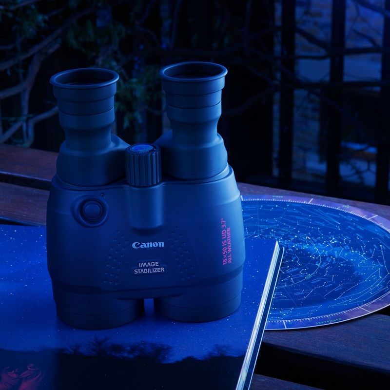 Canon 18x50 IS Binoculars Top View of Binoculars in the Nighttime