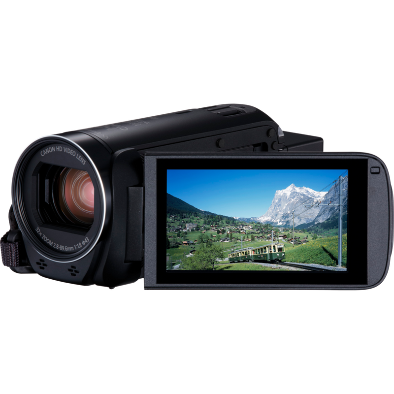 Canon LEGRIA HF R88 Black Product Front Left View with Flipped Screen Rotated 180 degrees