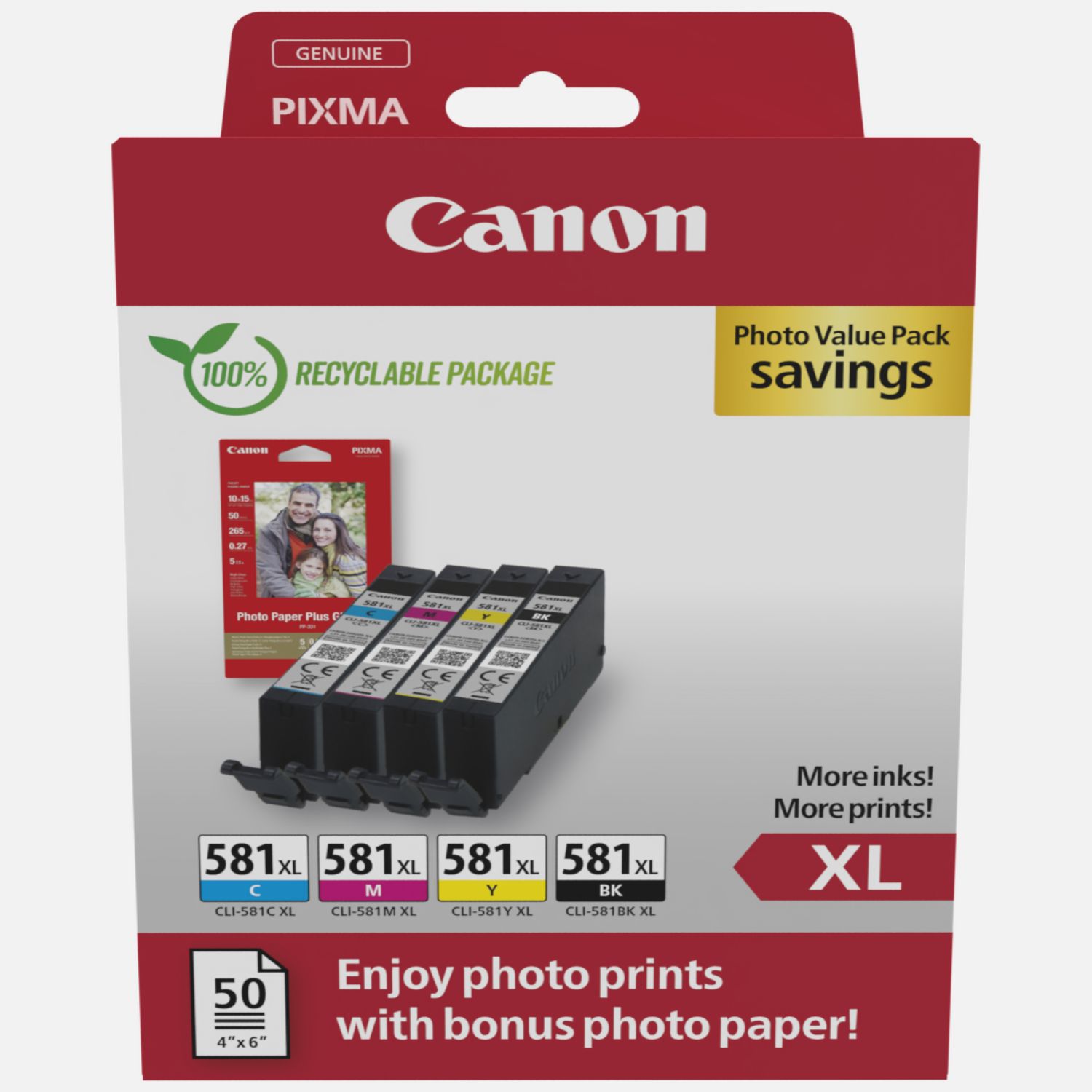 Image of Confezione multipla cartucce Inkjet Canon CLI-581XL BK/C/M/Y a resa elevata + carta fotografica
