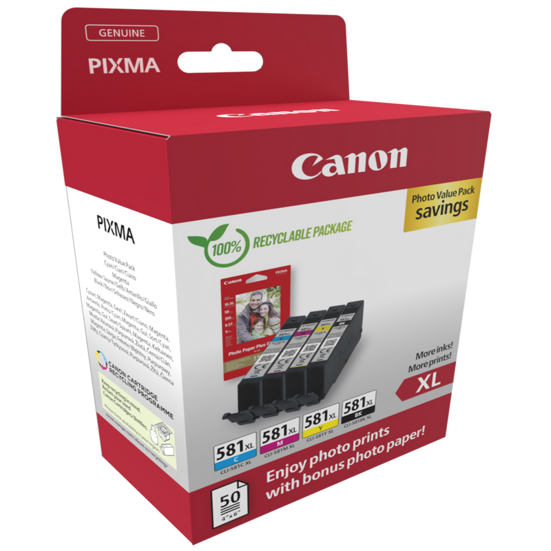 Canon CLI-581XL BK/C/M/Y High Yield Ink Cartridge + Photo Paper Value Pack Product Package angled view