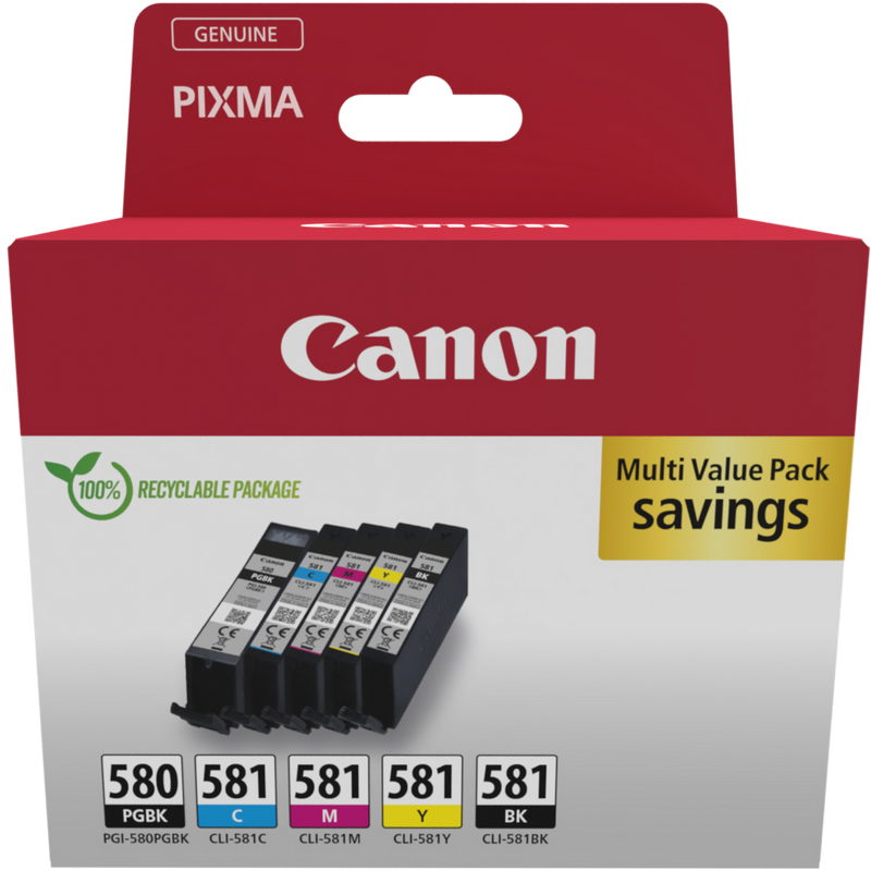 Canon PGI-580BK/CLI-581 BK/C/M/Y Pigment + Ink Cartridge Multi Pack ...