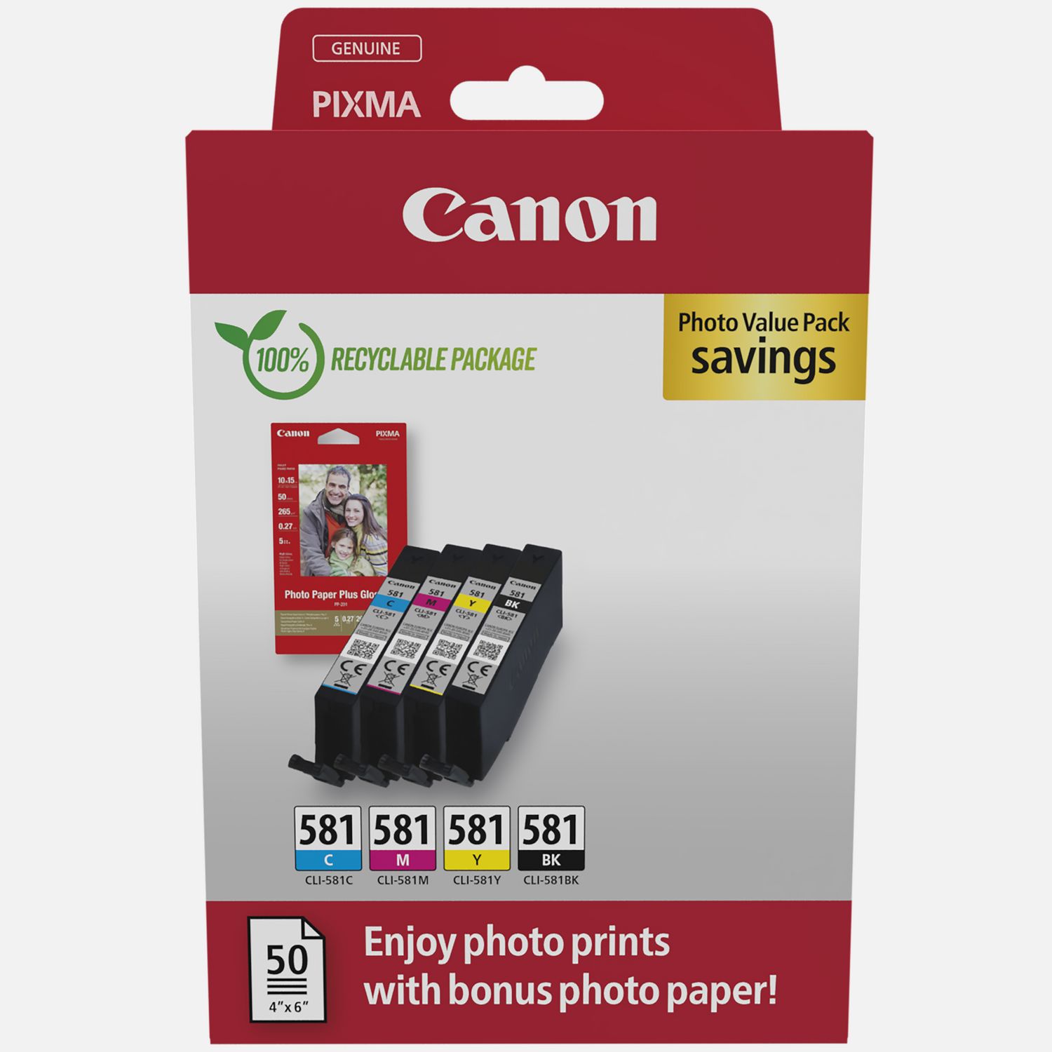 Paquet à prix réduit cartouches d'encre CLI-581 BK/C/M/Y + papier photo Canon