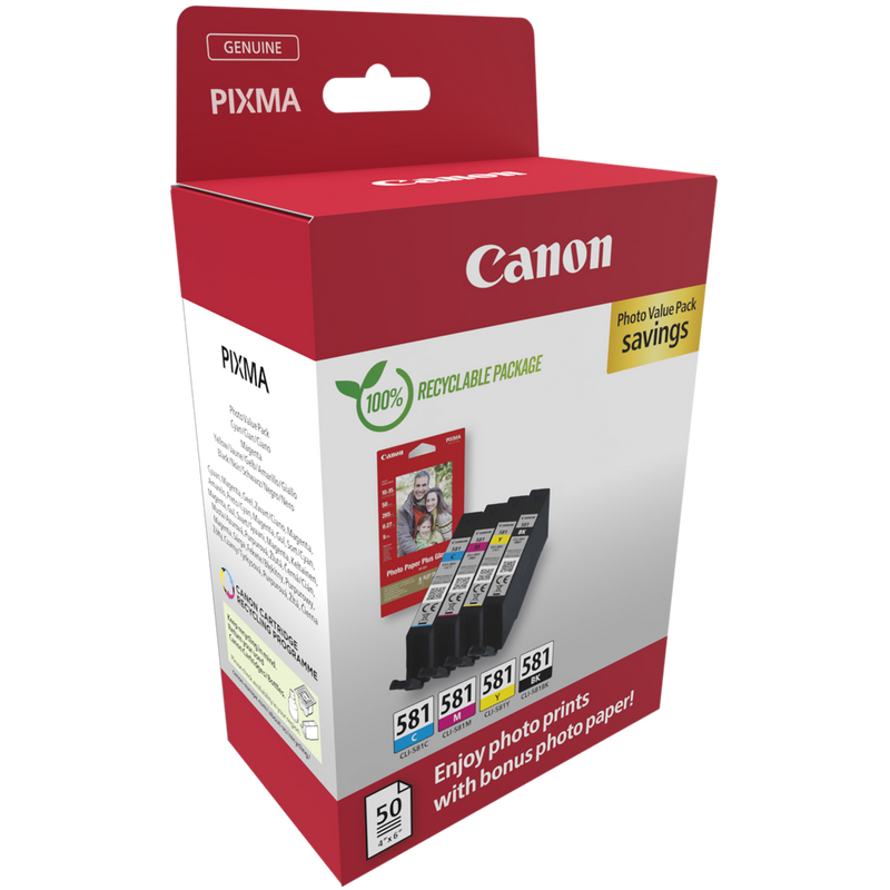 Canon CLI-581 BK/C/M/Y Ink Cartridge + Photo Paper Value Pack Product Package front angled view