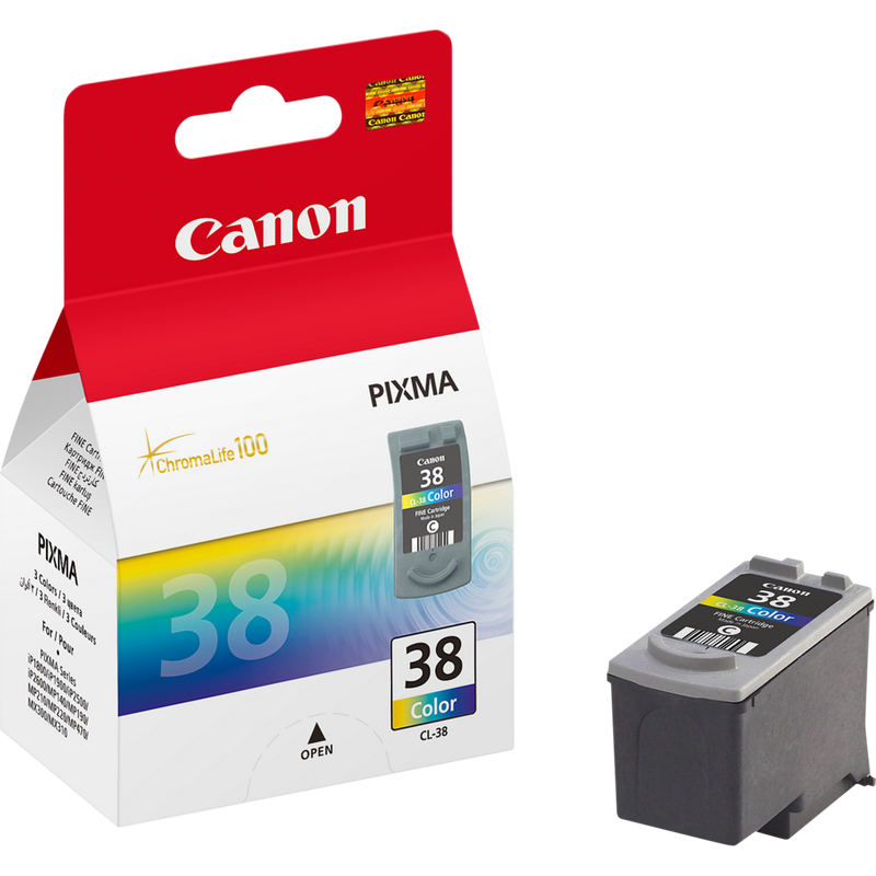 Cartouche d'encre couleur Canon CL-38 C/M/Y Produits Vue de droite avec cartouche