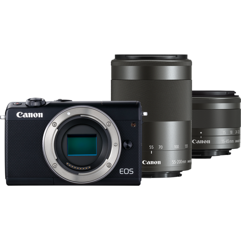 Canon EOS M100 noir + objectif EF-M 15-45 mm IS STM noir + objectif EF-M 55-200 mm IS STM noir Produits Vue avant de l'appareil photo et deux objectifs