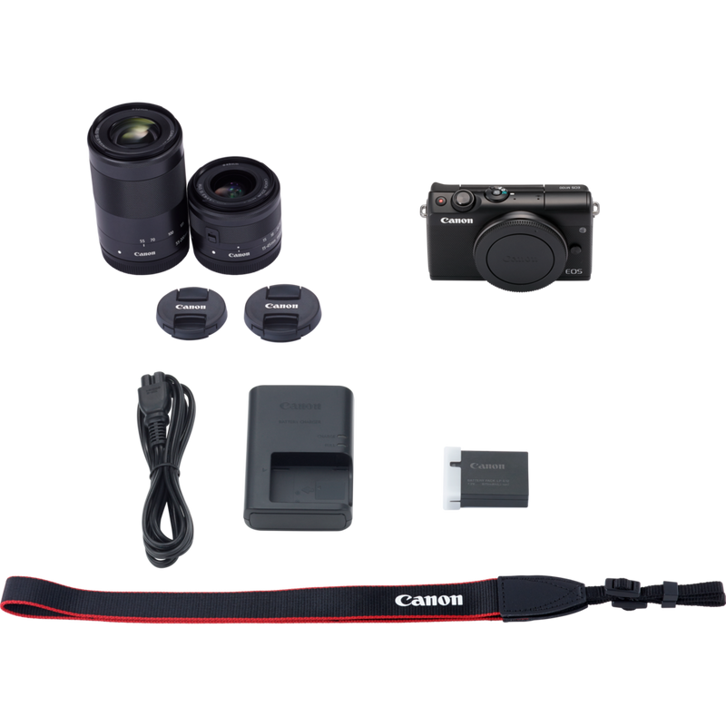 Canon EOS M100 noir + objectif EF-M 15-45 mm IS STM noir + objectif EF-M 55-200 mm IS STM noir Produits Contenu de la boîte