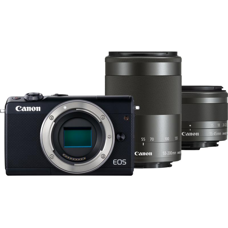 Comprar Canon EOS M100 Preto + Objetiva EF-M 15-45mm IS STM Preto + Objetiva EF-M 55-200mm IS STM Preto em Interrompido — Loja Canon Portugal foto