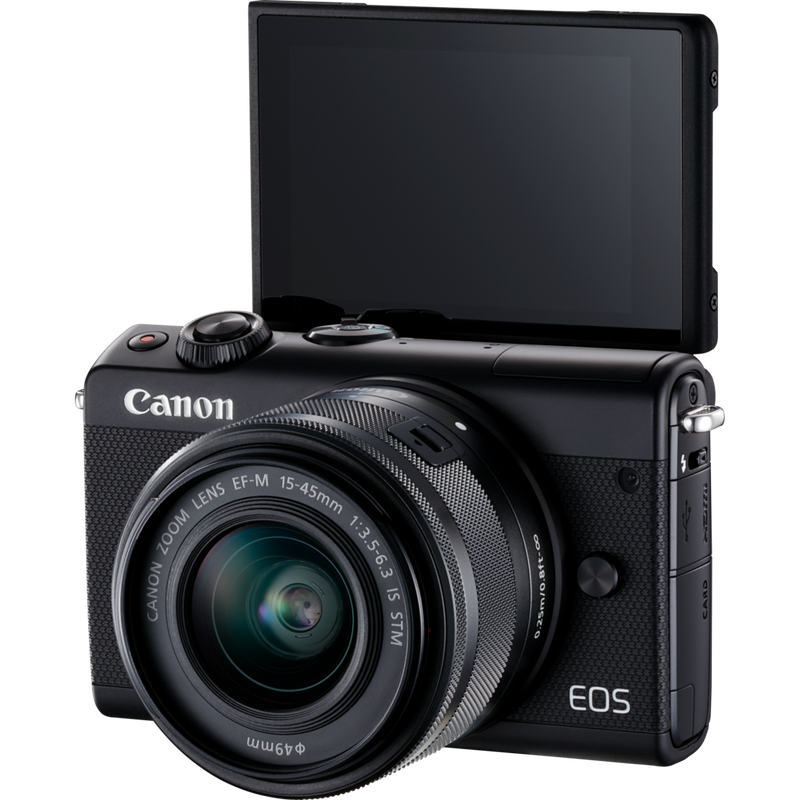 Canon EOS M100 Black + EF-M 15-45mm f/3.5-6.3 IS STM Lens Black Product Diagonal View with Tilted Screen
