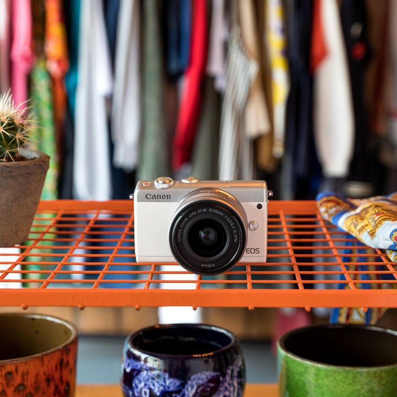 Canon EOS M100 White + EF-M 15-45mm f/3.5-6.3 IS STM Lens Silver The Camera on a Shelf