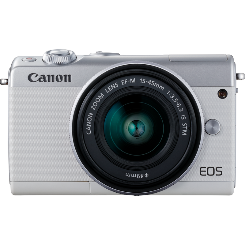 Canon EOS M100 White + EF-M 15-45mm f/3.5-6.3 IS STM Lens Silver Product Front View