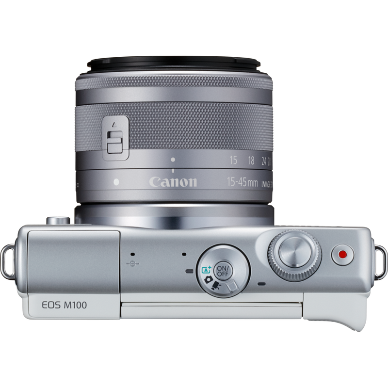 Canon EOS M100 White + EF-M 15-45mm f/3.5-6.3 IS STM Lens Silver Product Top View