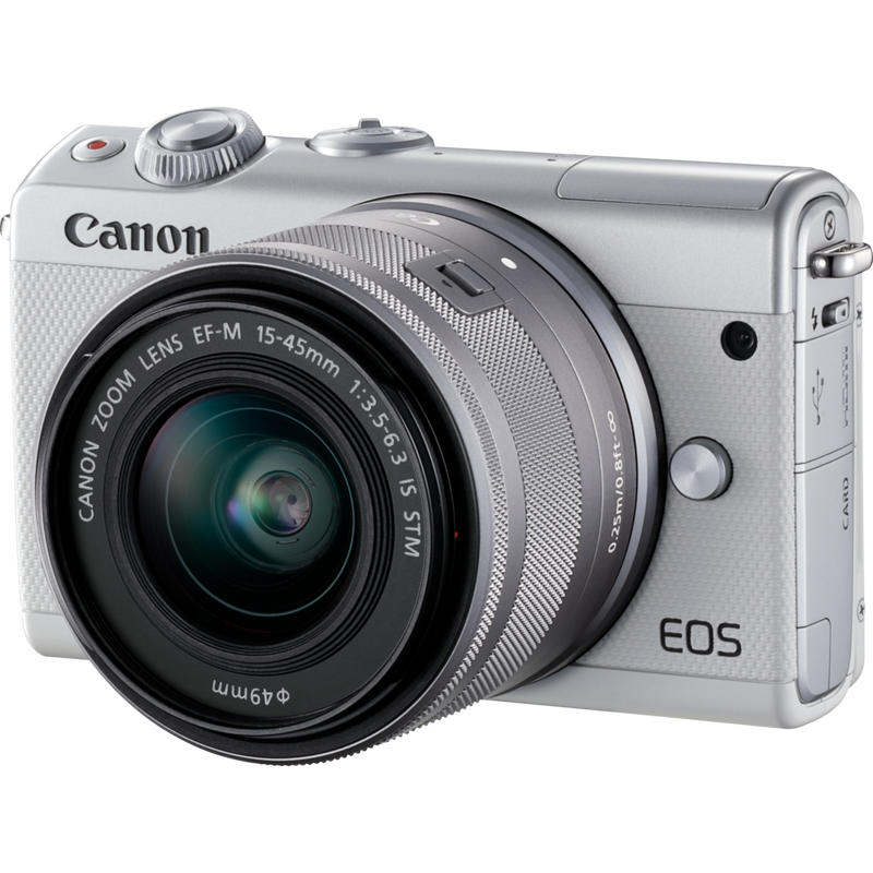 Canon EOS M100 White + EF-M 15-45mm f/3.5-6.3 IS STM Lens Silver Product Diagonal View