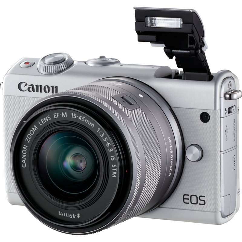 Canon EOS M100 White + EF-M 15-45mm f/3.5-6.3 IS STM Lens Silver Product Diagonal View with Built-in Flash