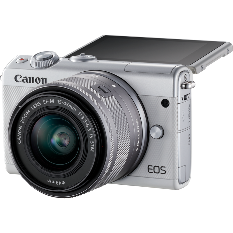 Canon EOS M100 White + EF-M 15-45mm f/3.5-6.3 IS STM Lens Silver Product Diagonal View with Tilted Screen