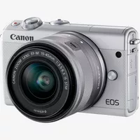 Canon EOS M100 blanca + objetivo EF-M 15-45mm f/3.5-6.3 IS STM plata Producto Vista diagonal