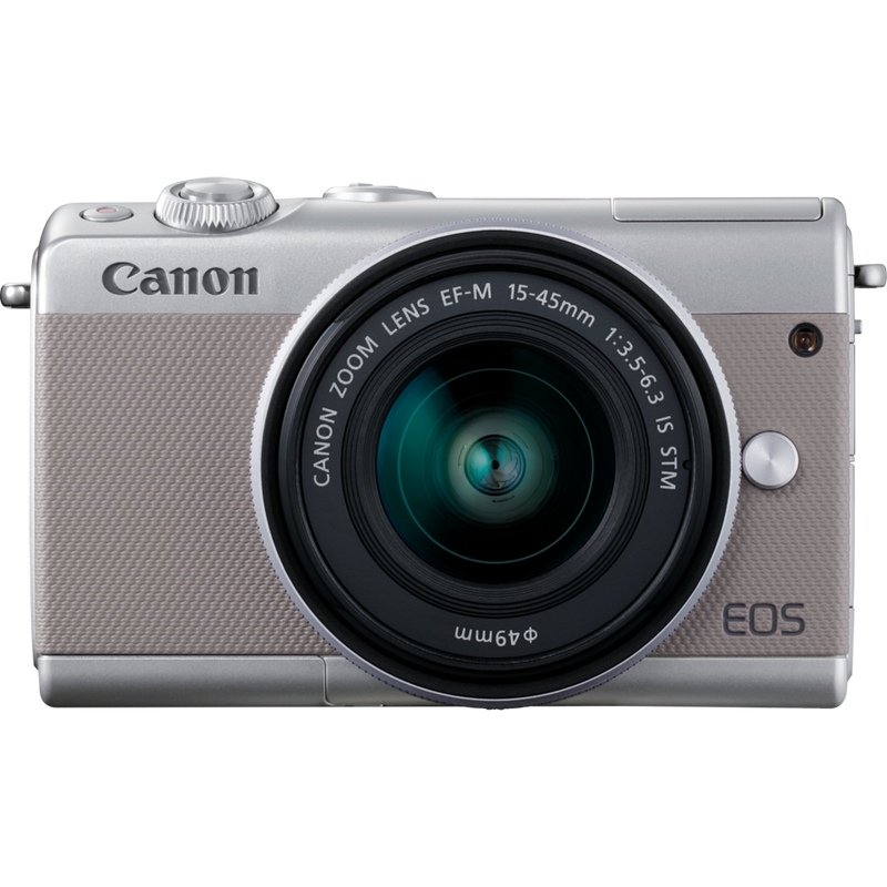 Canon EOS M100 Grey + EF-M 15-45mm f/3.5-6.3 IS STM Lens Silver Product Front View