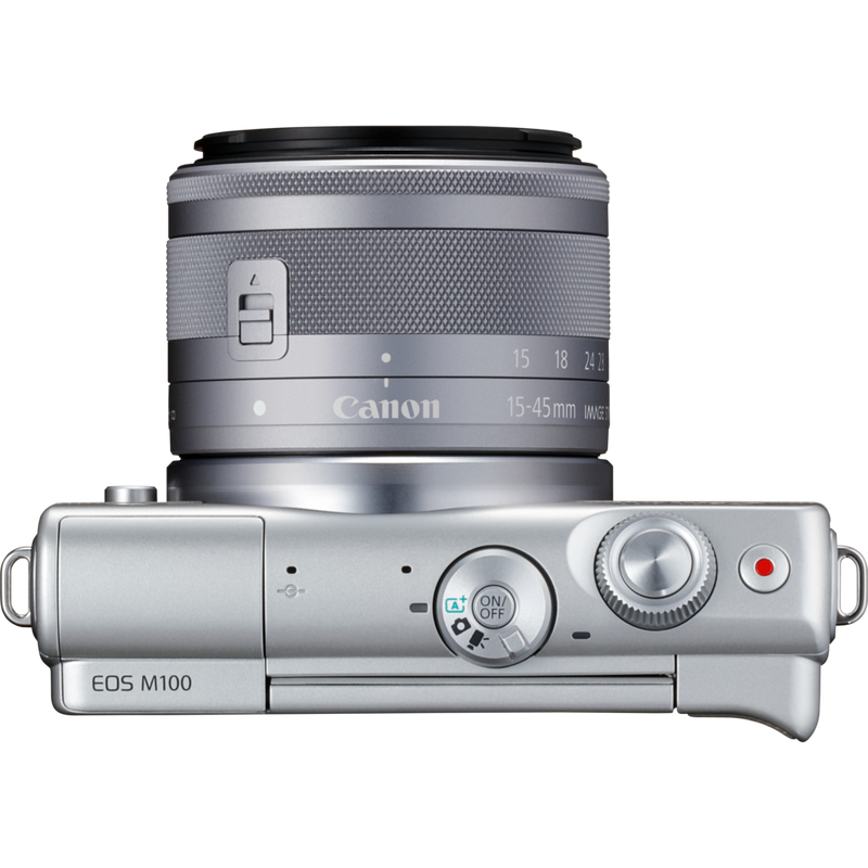 Canon EOS M100 Grey + EF-M 15-45mm f/3.5-6.3 IS STM Lens Silver Product Top View