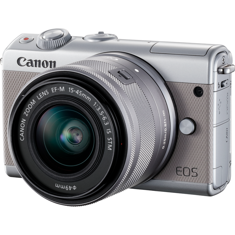 Canon EOS M100 Grey + EF-M 15-45mm f/3.5-6.3 IS STM Lens Silver Product Diagonal View with Built-in Flash