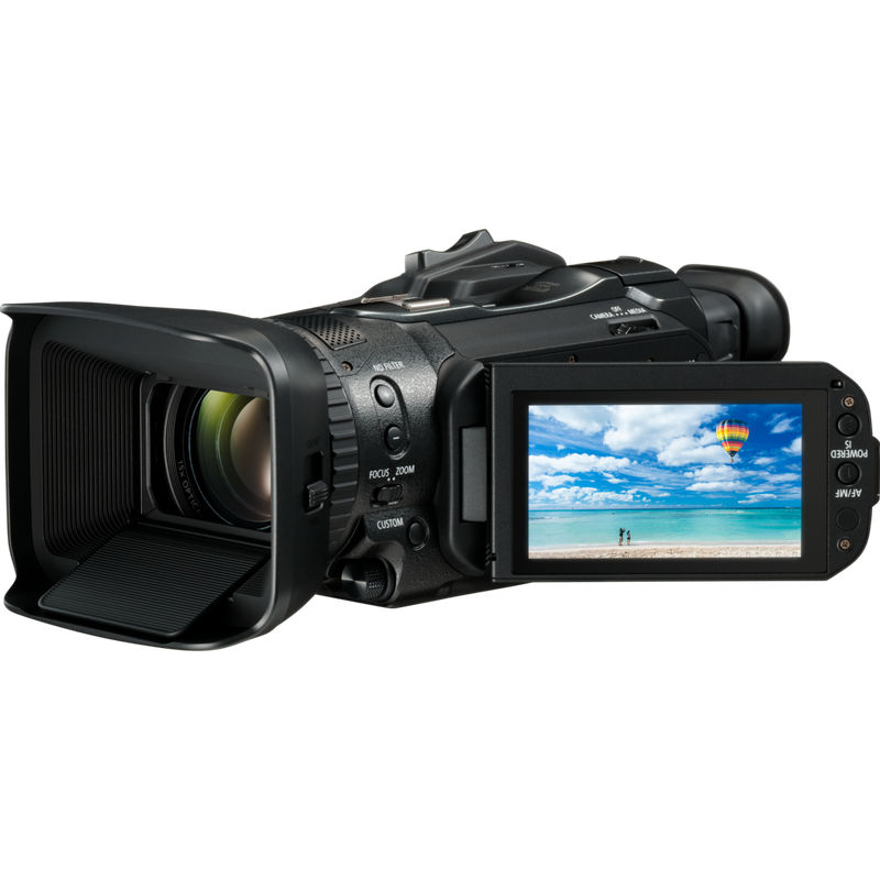 Canon LEGRIA GX10 Product Front Left View with Flipped Screen Rotated 180 degrees
