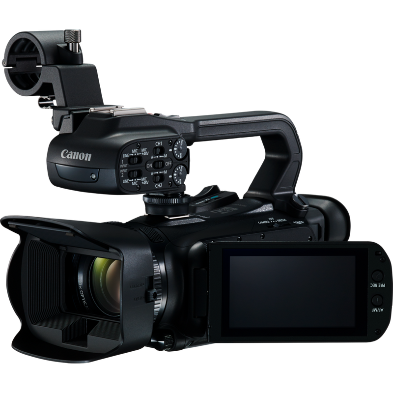 Canon XA15 videokamera Produkt Vy framifrån från vänster med utfälld skärm roterad 180 grader