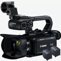 Videocámara XA15 de Canon y kit de alimentación Producto Vista frontal izquierda con dos baterías de repuesto al lado