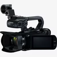 Canon XA11 Camcorder Produkt Vorderansicht von links mit umgeklapptem Bildschirm, der um 180 Grad gedreht ist