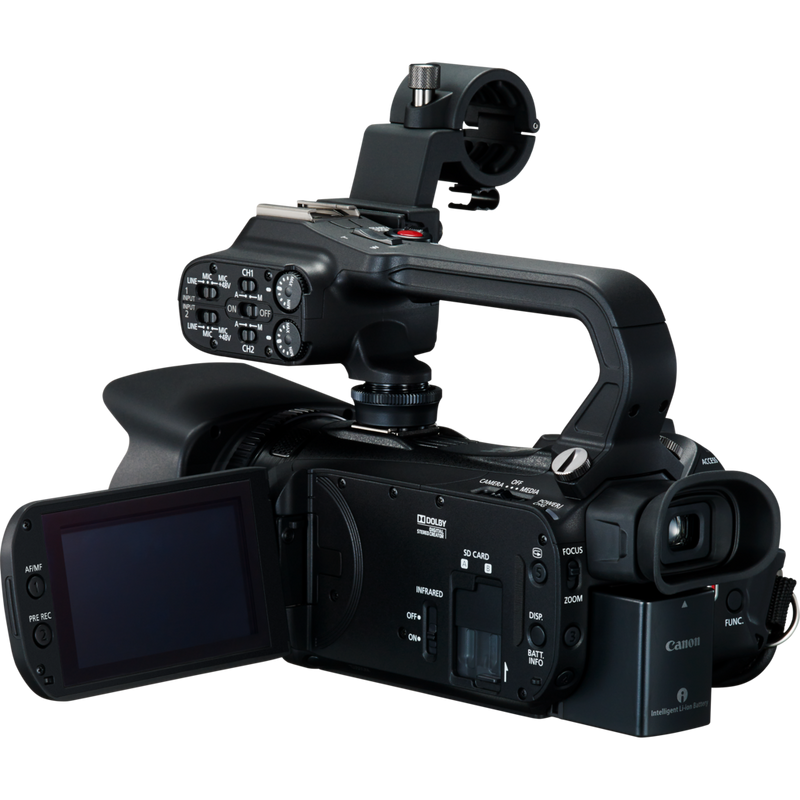 Canon XA11 videokamera Produkt Vy bakifrån från vänster med utfälld skärm på stativ