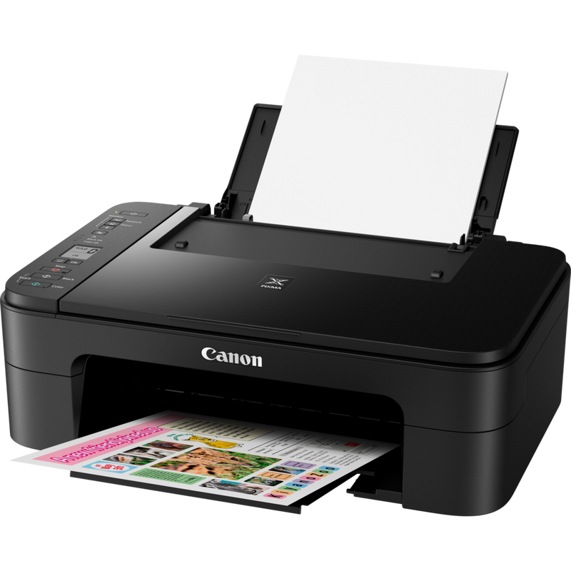 Canon PIXMA TS3150 - Noir Produit Vue avant inclinée, montrant le bac à papier déplié et le support papier