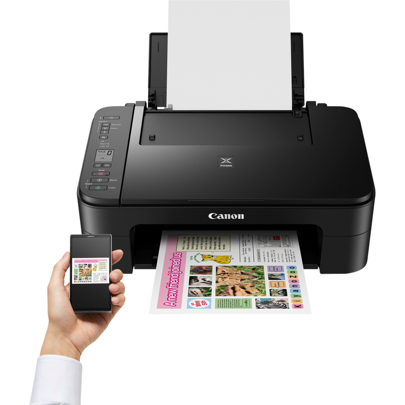 Canon PIXMA TS3150 - Noir Produit Vue avant, montrant une personne en train d'imprimer depuis un smartphone