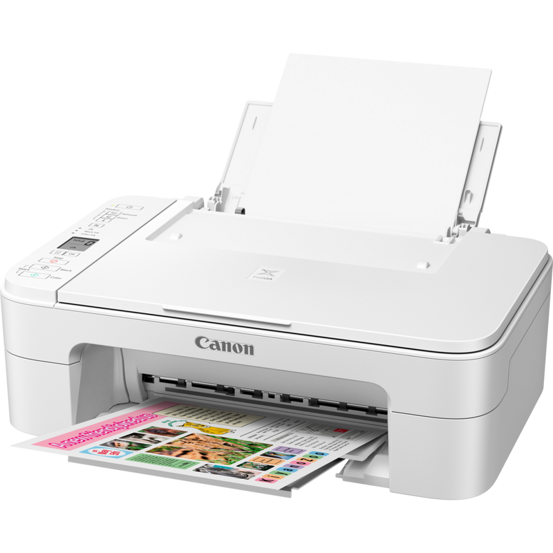 Canon PIXMA TS3151 - White Product Front Slant View With Paper Tray Out And Paper Support
