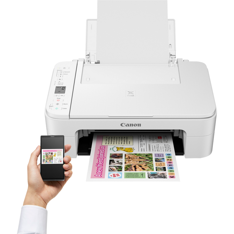 Canon PIXMA TS3151 - White Product Front View With A Person Printing From a Smartphone